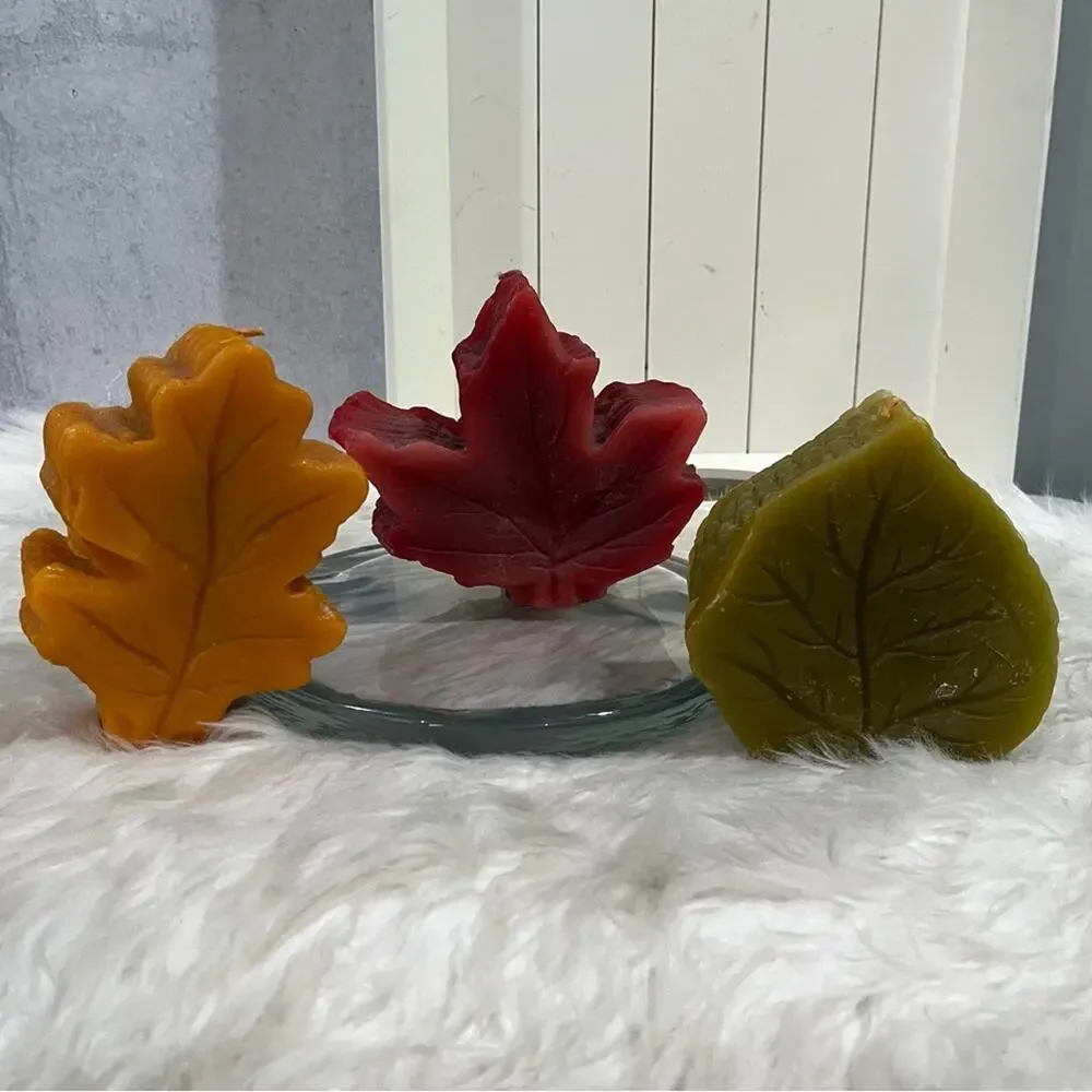 NEW Pottery Barn Tonal Autumnal Leaves Rippled Long Burning Candle Set Red Amber